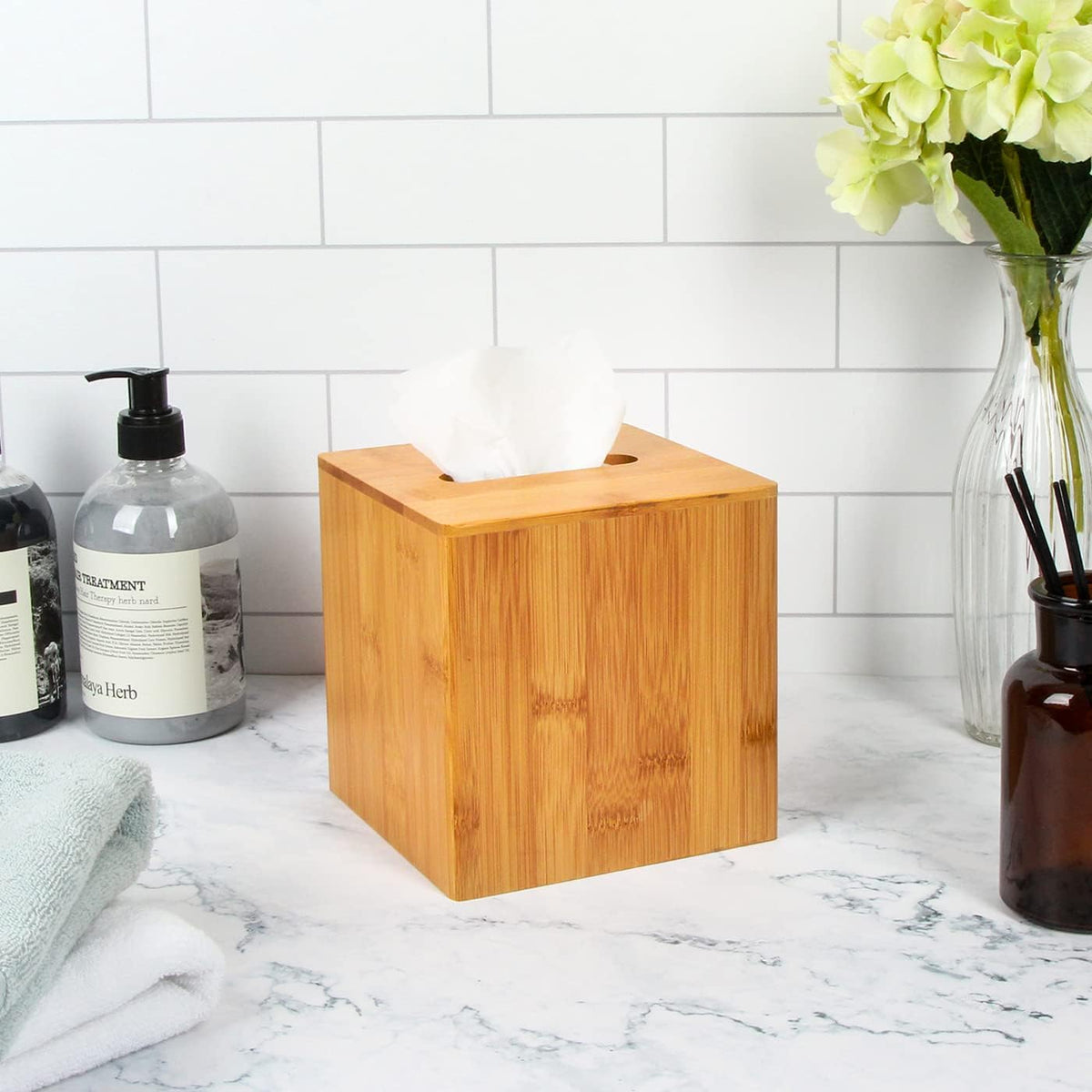 J JACKCUBE Design Premium Bamboo Tissue Box Cover – Modern Square Design for Home, Office, and Bathroom – Eco-Friendly and Durable Tissue Holder - MK273A