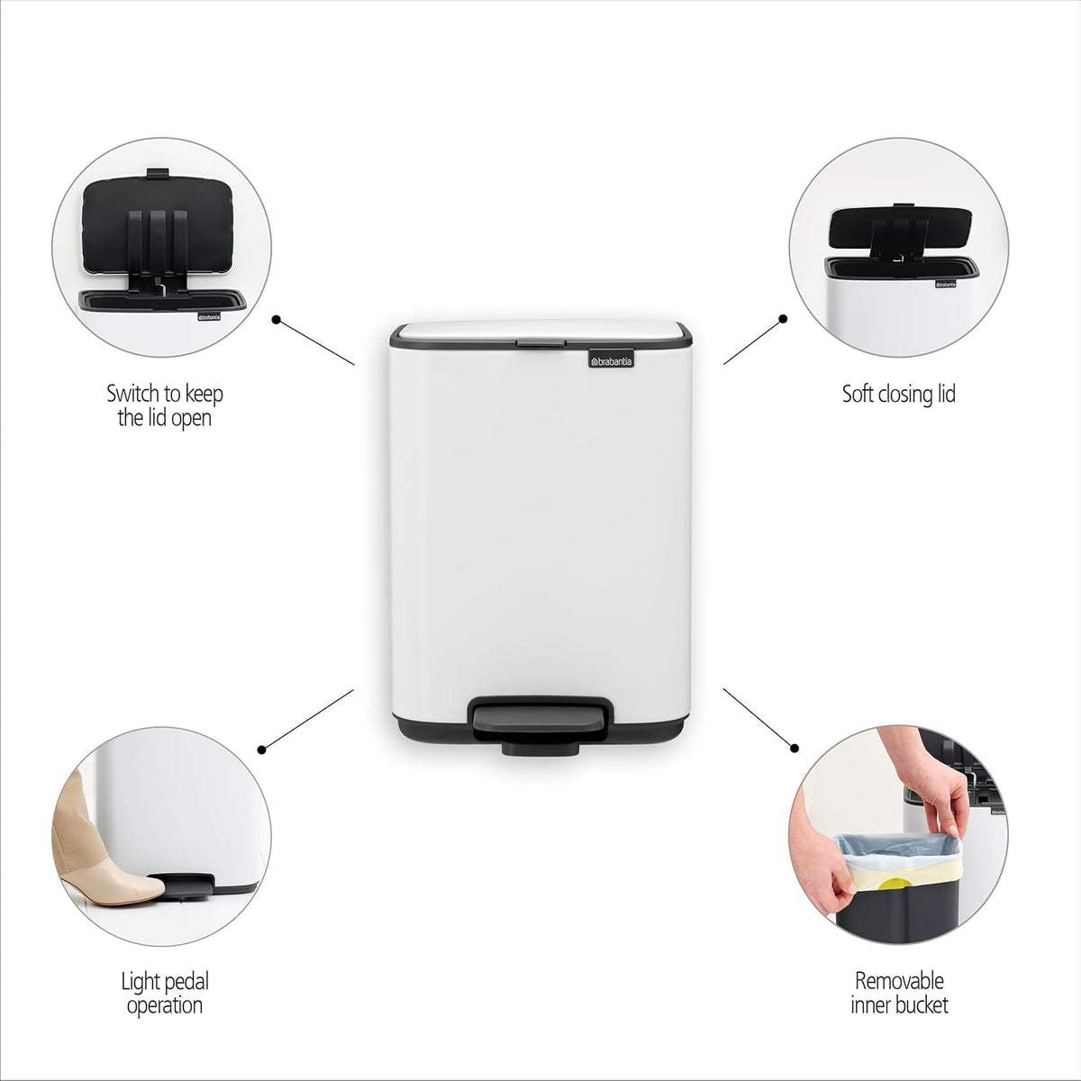 Brabantia Bo XS Step-On Trash Can | 1.1 Gal / 4L | Matt Steel Fingerprint Proof | Light-Pedal, Soft-Close, Bedroom, Bathroom, Nursery Trash Can, Removable Inner Bucket, Non-Slip Base | + Trash Bags