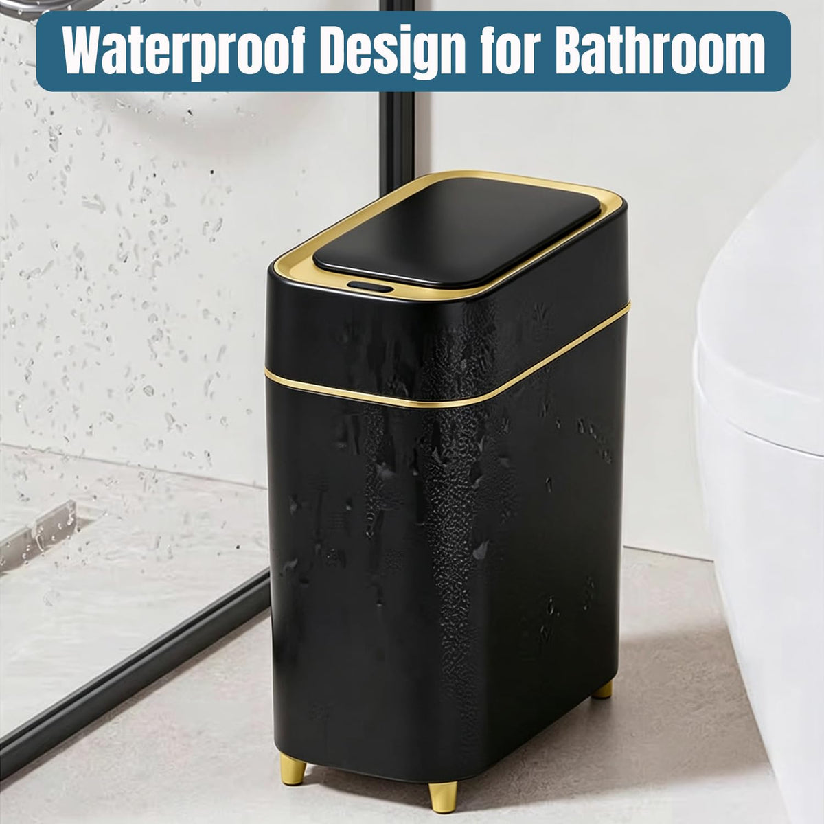 LALASTAR 2-Pack Bathroom Trash Can with Lid, Slim Motion Sensor Trash Can, Small Automatic Garbage Can Touchless, Waterproof Trash Bin for Bedroom, Office, Living Room, 2.3 Gal, Black with Gold Trim