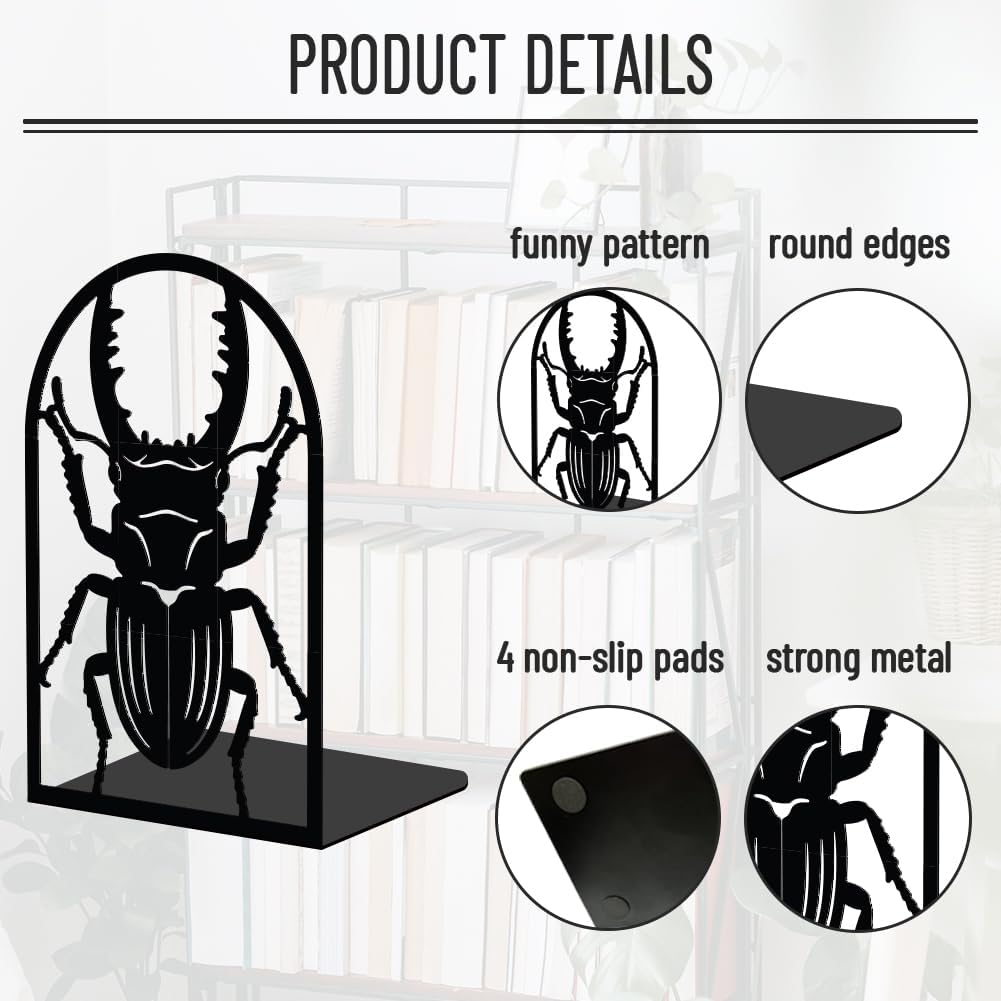 WADORN 1 Pair Scarab Metal Decorative Bookend for Shelves, Heavy Duty Book Ends Modern Non-Skid Books Holder Stand Black Book Support Stoppers for Office Desk Bookshelf, 5.3x4.3x7.8 Inch