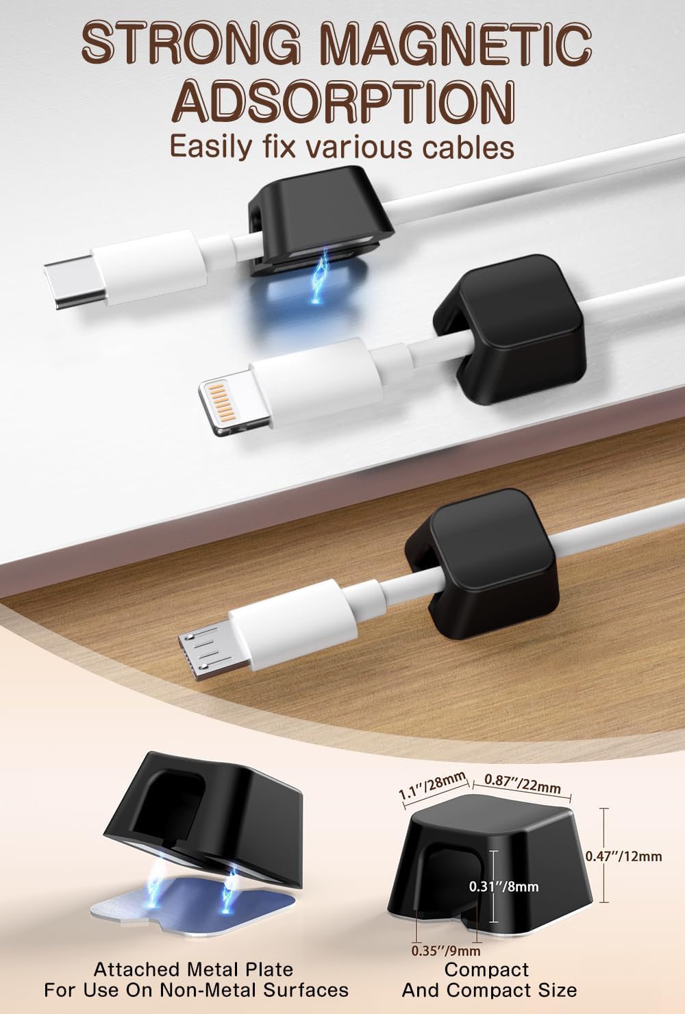 Maveek Magnetic Cord Clips, Cable Holder Magnet Silicone Cord Organizer Keyboard Keys Square Cable Management for Charging USB C Ethernet HDMI Home Office Car TV Cables (5 Pack, Black)