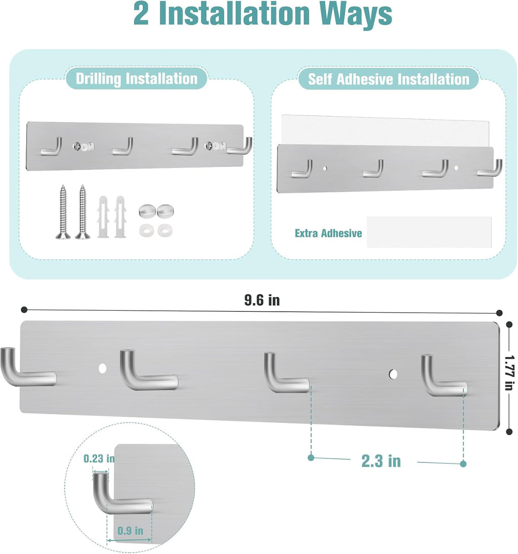 RELBRO Key Rack Wall Mount, Key Holder with 4 Hooks, Large, Silver