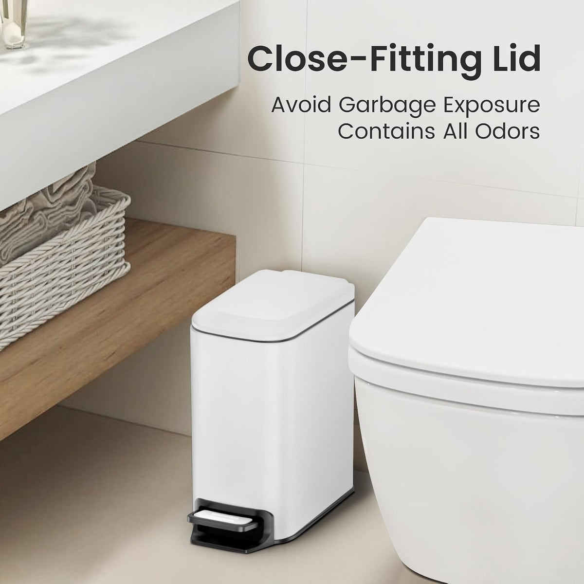 Cesun Small Bathroom Trash Can with Lid, 1.6 Gal, Soft Close, White