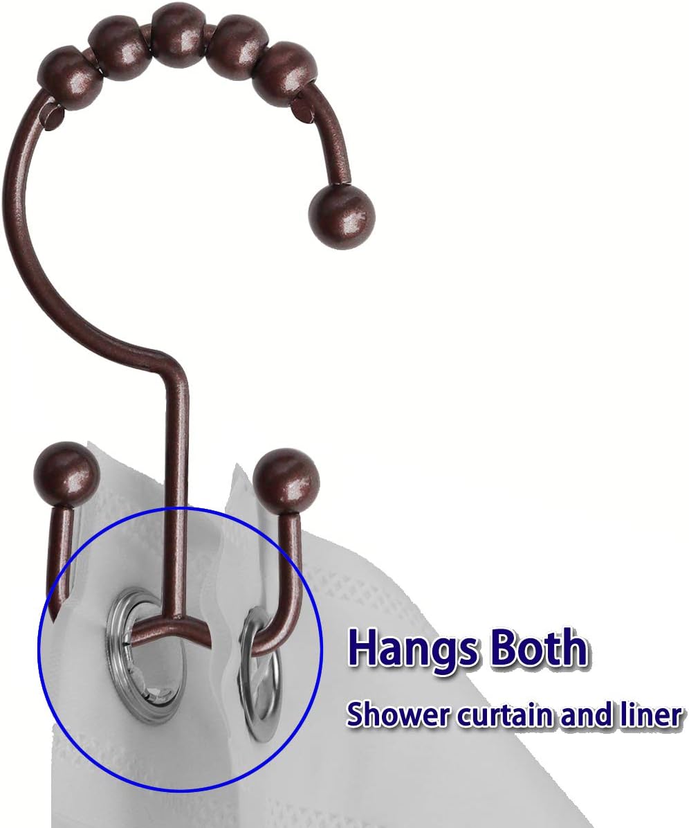 Shower Curtain Hooks Rings for Bathroom, 12PCS Stainless Steel Metal Rust Resistant Balance Sliding Double Curtain Hooks (Bronze)