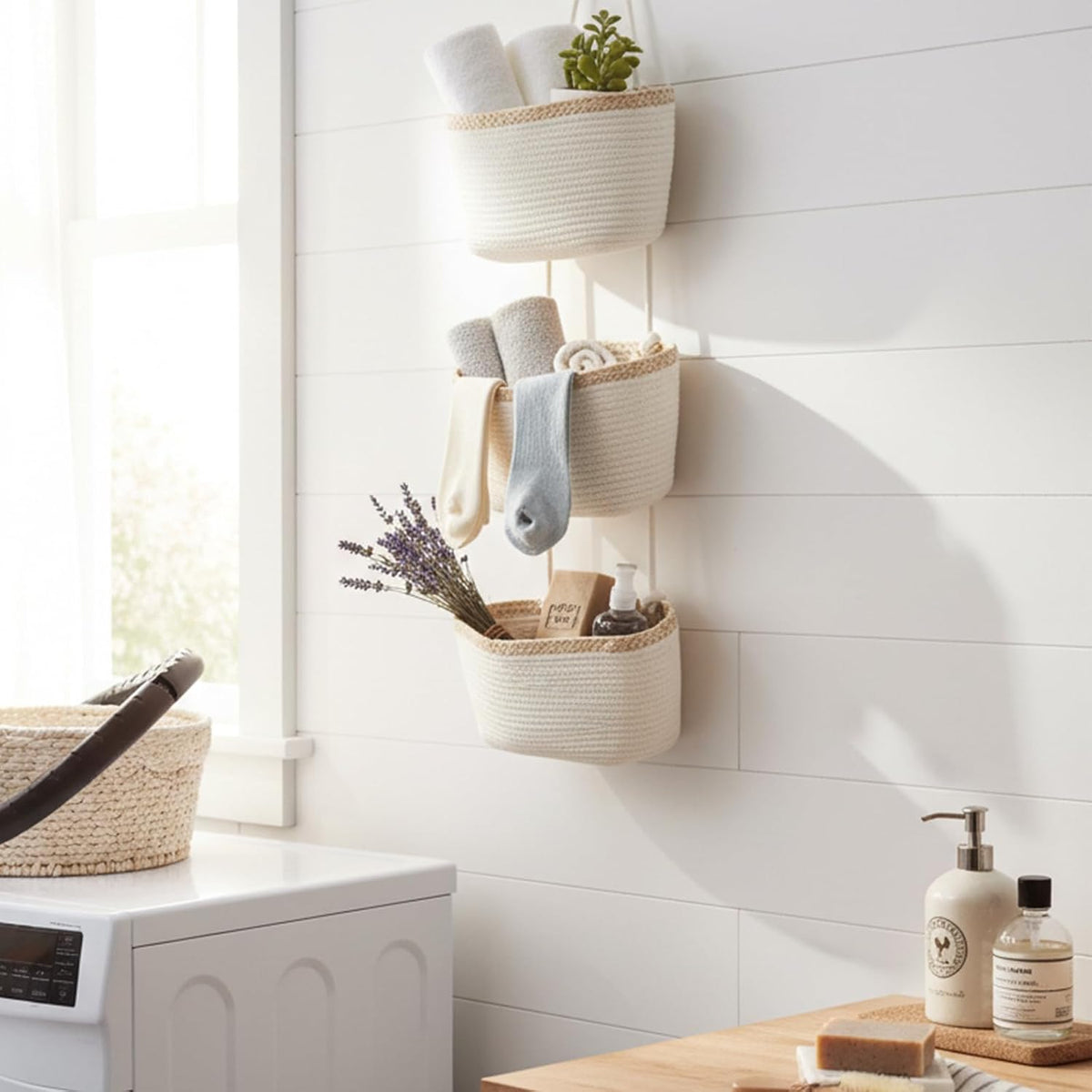 TeoKJ Over the Door Hanging Storage Basket Wall Organizer White&Light Brown