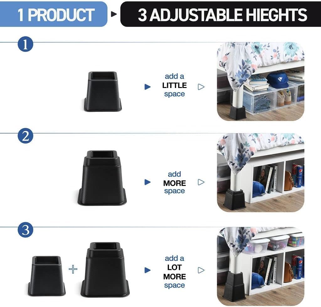 Home It Adjustable Bed Risers - Elevation in 3, 5 or 8 Inch - 4 Pack, Black