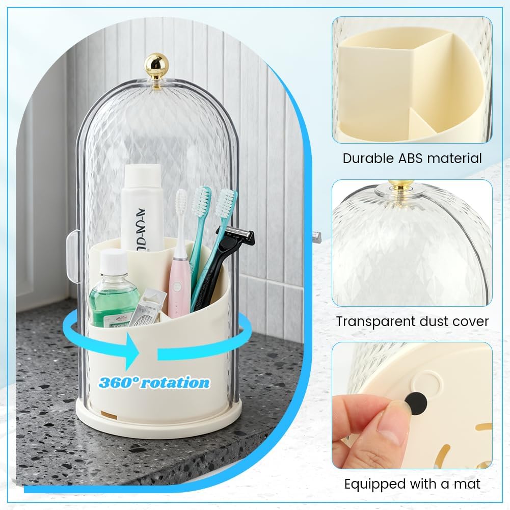 3 Slots Rotating Toothbrush Holder with Cover for Bathroom Countertop