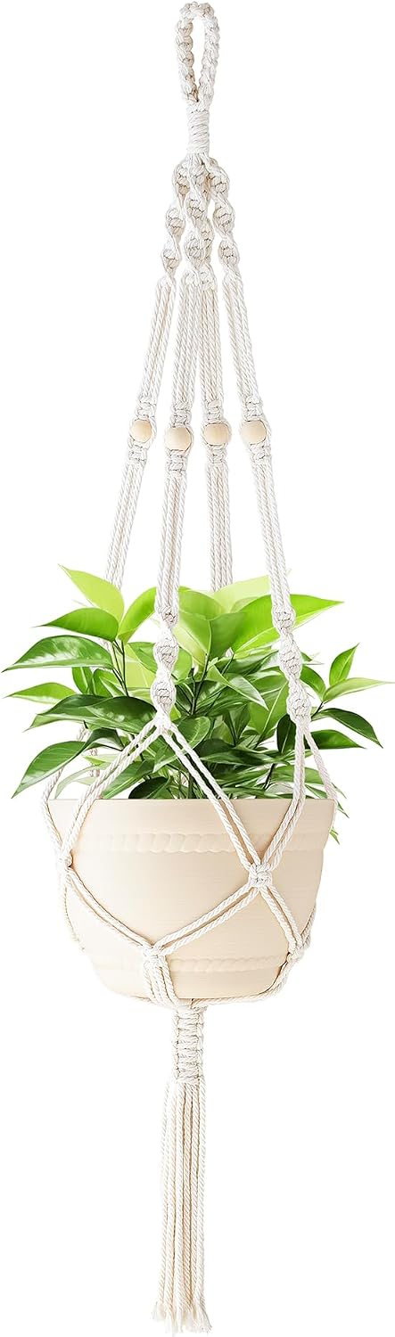 Macrame Plant Hanger Indoor with Wood Beads and Tassels,Hanging Planter Flower Pot Holder Boho Home Decor,41 Inch,Ivory(Pots Not Included)