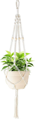 Macrame Plant Hanger Indoor with Wood Beads and Tassels,Hanging Planter Flower Pot Holder Boho Home Decor,41 Inch,Ivory(Pots Not Included)