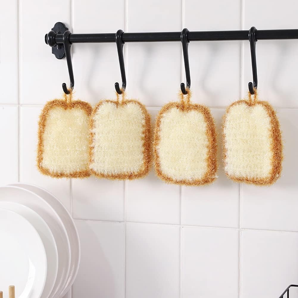 5 Pcs Cute Crochet Scrubbers, Toast Shaped No Odor Non-Scratch Reusable Scrub for Kitchen and Household Use Double Layered Scrubbers Cleaning Wash Sponge