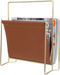 MyGift Caramel Leatherette Magazine Holder with Brass Metal Frame, 13 Inch