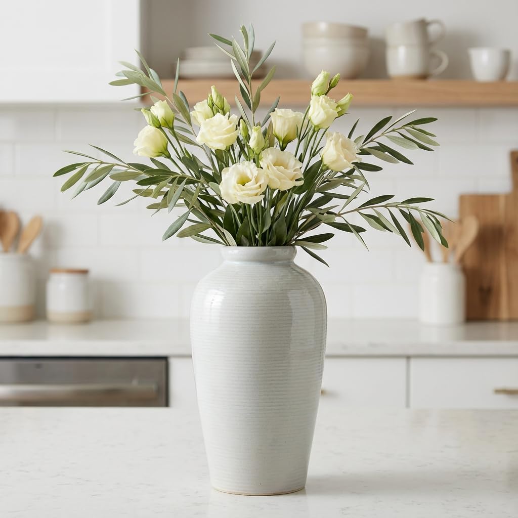 Large Modern Farmhouse Vase for Centerpieces, 11 Inch Tall Ceramic Vase - Glazed Textured Pottery Vases Home Decor, Side Table, Kitchen, Living Room Decor, Entryway, Mantel Decorations