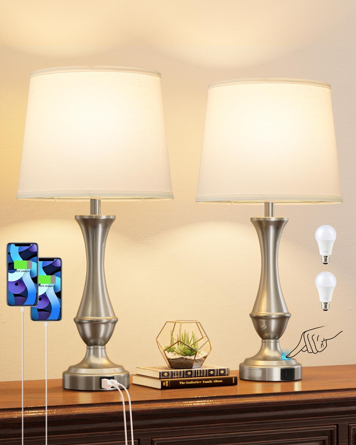 Seealle Upgraded Touch Lamps for Night Stands Set of 2 - Bedside Lamps with USB C+A, 3 Way Dimmable for Bedroom Living Room End Tables Office (White&Nickel)
