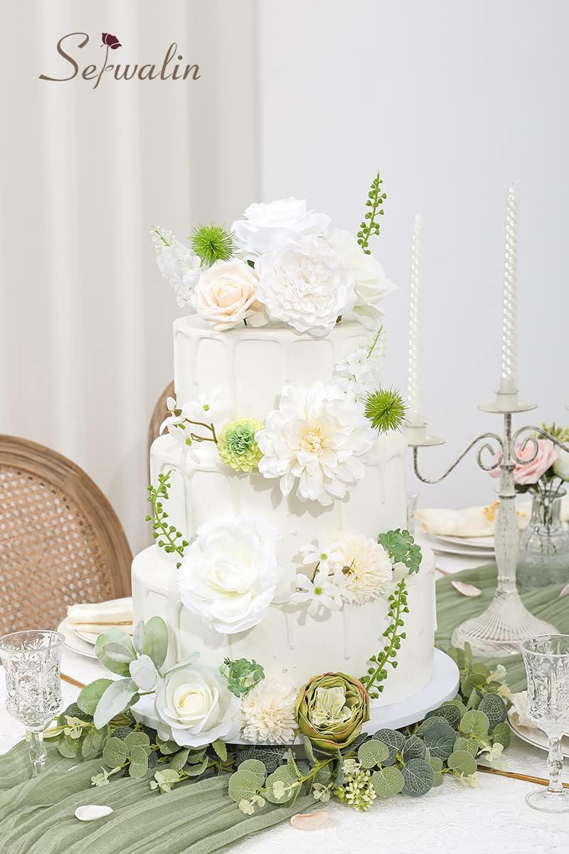 Serwalin White Artificial Flowers Combo, Silk Rose Flowers for Wedding