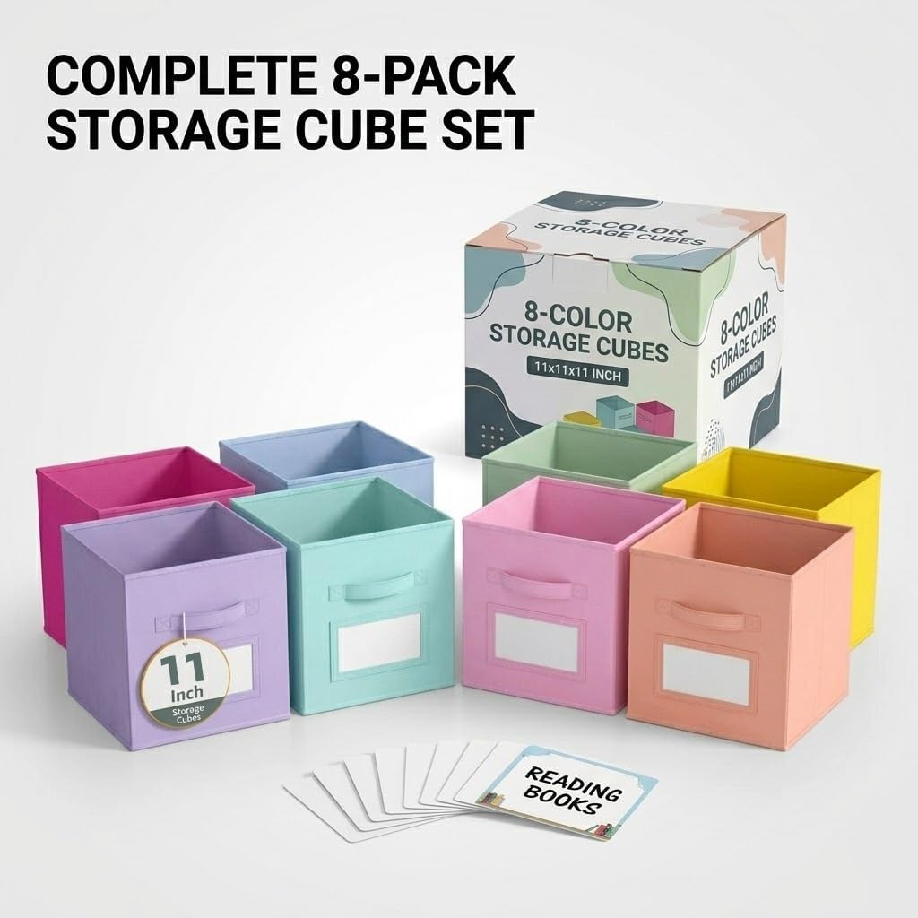 Lourome 11 Inch Cube Storage Bin, with Label Window, 8 Pack 8-Color
