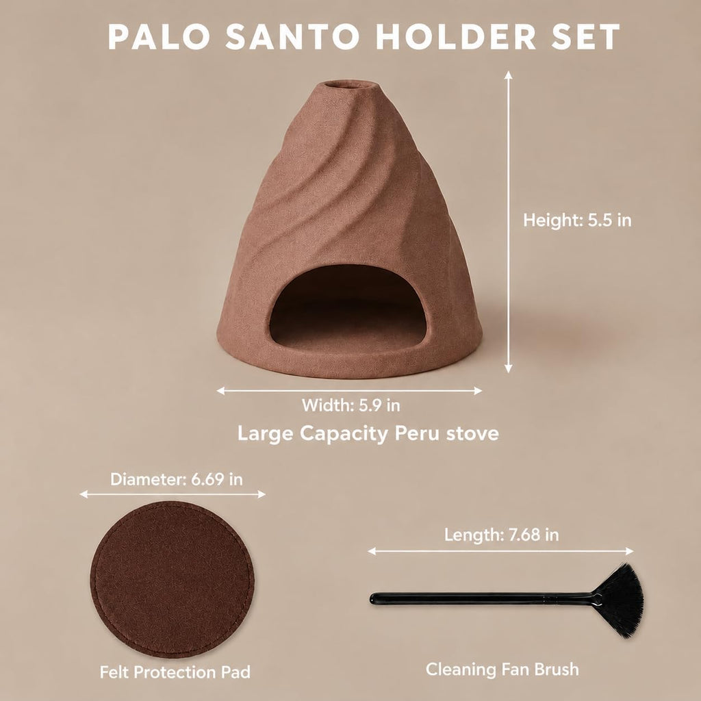 Palo Santo Holder, Ceramic Dune-Inspired Tactile Burner with Felt Pad and Fan Brush, Multi-Use Incense Holder for Palo Santo Sticks and Smudge Sage, Meditation and Home Decor - Terracotta