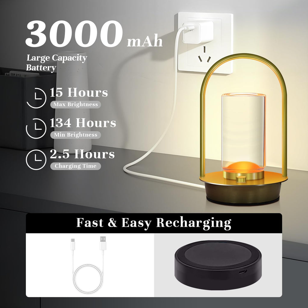 Portable Metal Table Lamp for Outdoor Indoor 3 Colors Cordless Table Lamp Rechargeable Dimmable Battery Powered Small Desk Lamps Crystal Lantern Lamps for Patio Bedroom Restaurant Bar Camping(Gold)