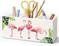 Tropical Pink Flamingo Wood Makeup Brush Toothbrush Holder Organizer for Vanity Bathroom,Pink Flamingo Gifts for Women,Girly Aesthetics Wooden Pen Pencil Holder for Desk Accessories
