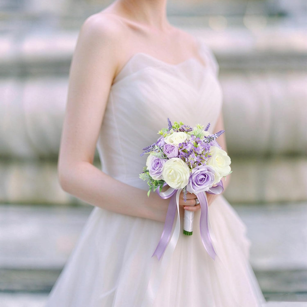 Bride Bouquets for Wedding 8.5 Inch Lilac Artificial Rose Flower Bridal Bouquets for Bride Wedding Bridesmaid Marriage Proposal Party Anniversary Church Decoration