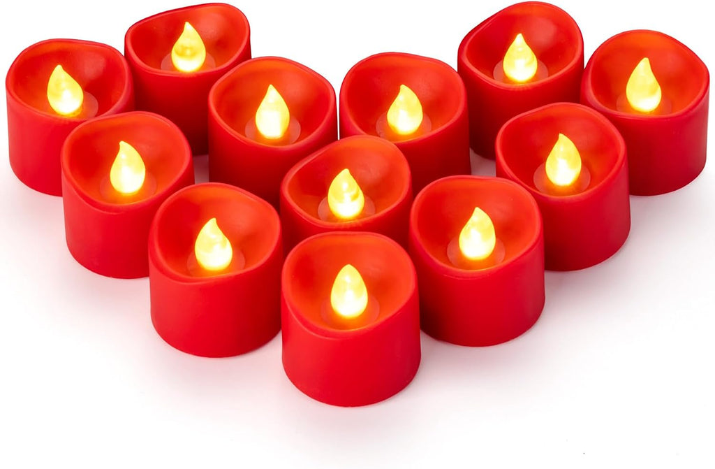 12 Pack Flameless Red Tea Light Battery Operated, Flickering LED Red Votive Candles Outdoor Flicker Electric Fake Tealight Candles Bulk for Christmas Halloween Wedding Romantic Party Decorations