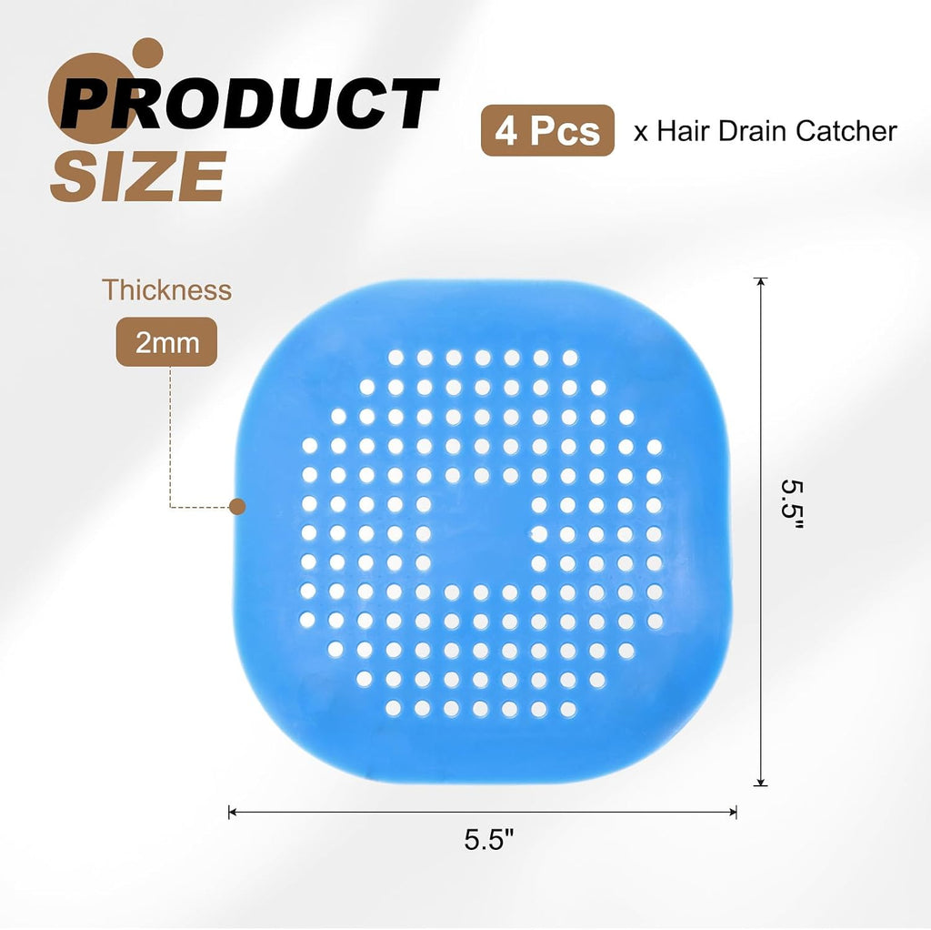 PATIKIL Hair Drain Catcher 5-1/2 Inch, 4 Pcs Silicone Square Drain Protector Hair Stopper with Suction Cup for Kitchen Bathroom Balcony Landscaped Walkways Patios, Blue