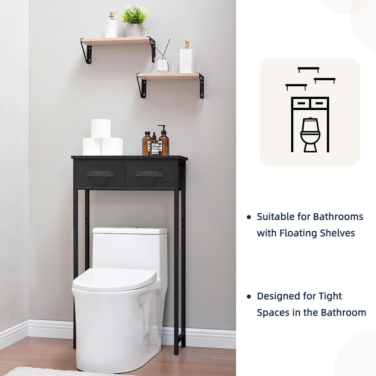 MOHOPE 2-Tier Over The Toilet Storage with 2 Fabric Drawers, Freestanding Above The Toilet Storage Cabinet, Space Saver Metal Over Toilet Bathroom Organizer Shelf for Small Space, Black