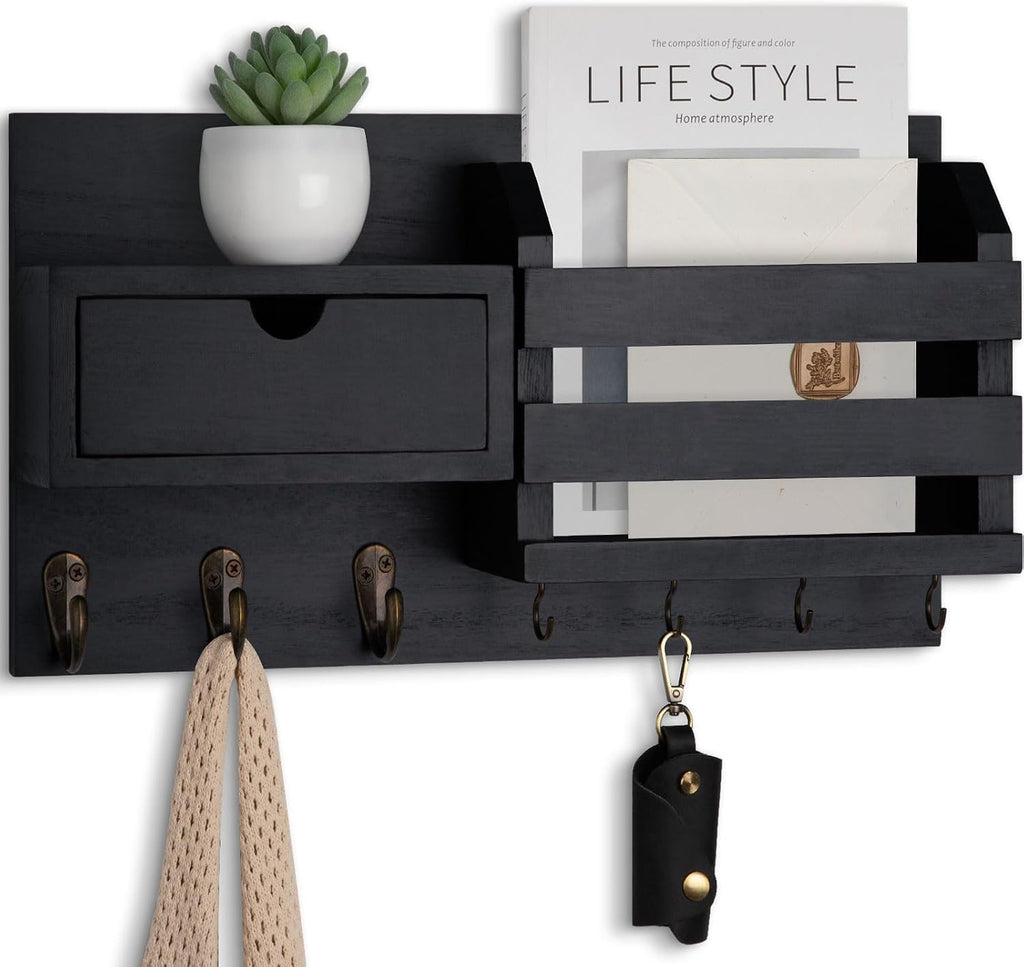 Lwenki Wall Mount Key Holder with Mail Organizer, 100% Paulownia Wood, 7 Metal Hooks, Storage Drawer, Entryway Home Decor (Black)