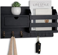 Lwenki Wall Mount Key Holder with Mail Organizer, 100% Paulownia Wood, 7 Metal Hooks, Storage Drawer, Entryway Home Decor (Black)