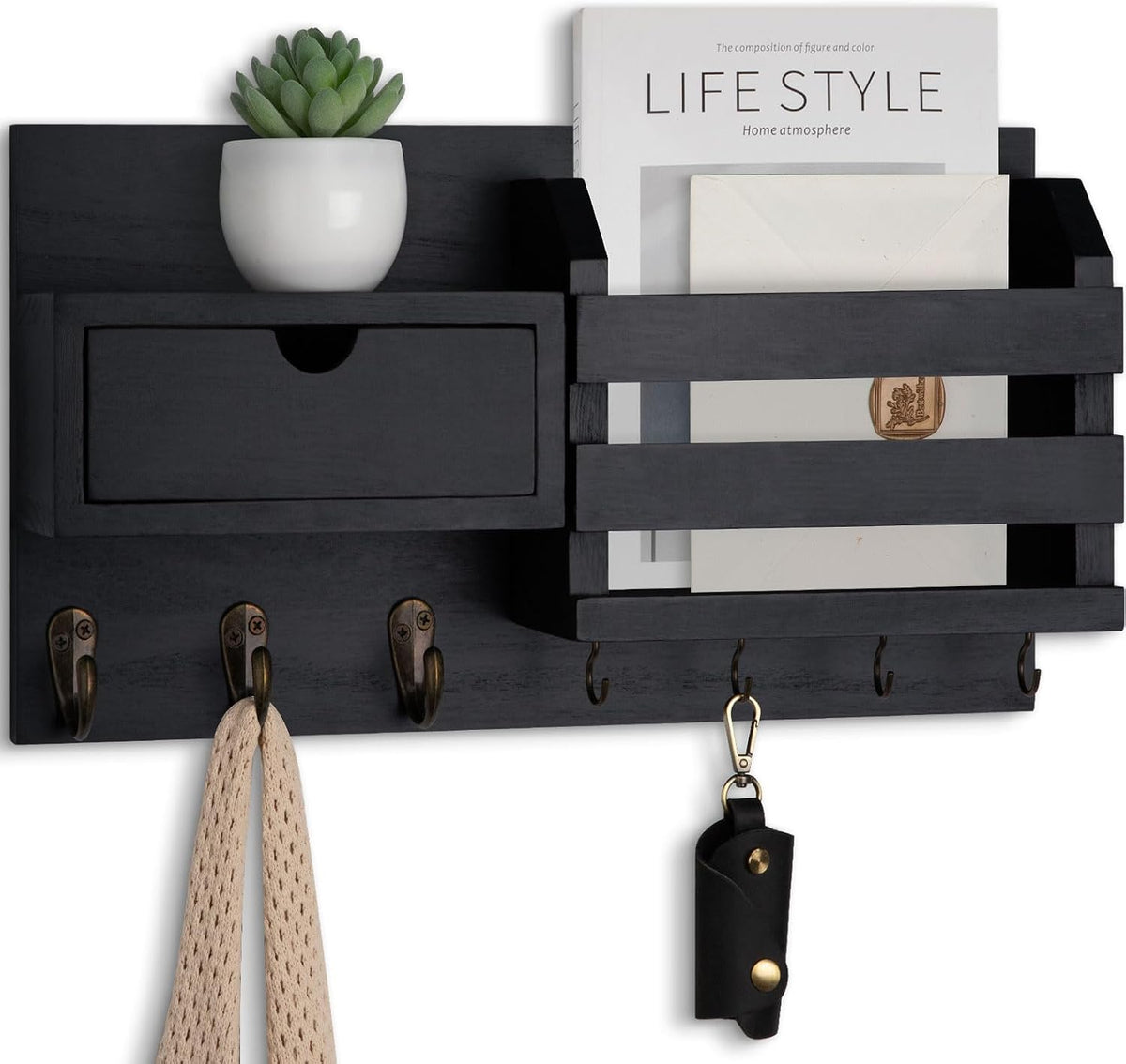Lwenki Wall Mount Key Holder with Mail Organizer, 100% Paulownia Wood, 7 Metal Hooks, Storage Drawer, Entryway Home Decor (Black)