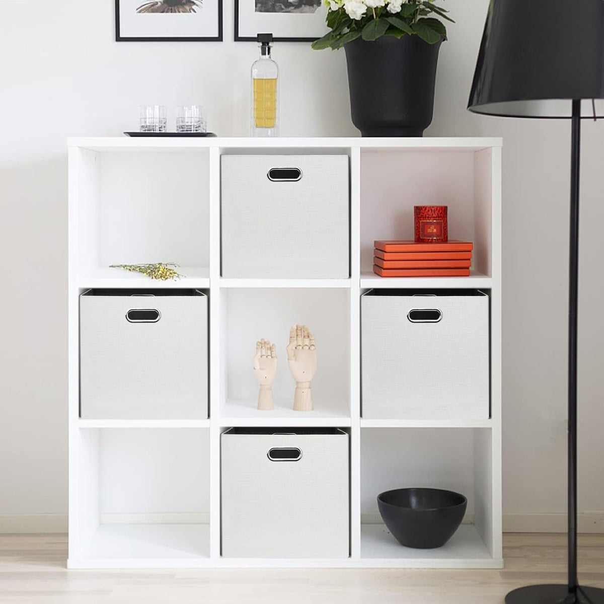 Posprica 11x11 Storage Cubes, Collapsible Storage Bins with Dual Handles, Fabric Foldable Storage Boxes Basket for Closet Shelf Cabinet Bookcase Organization, Set of 4, White