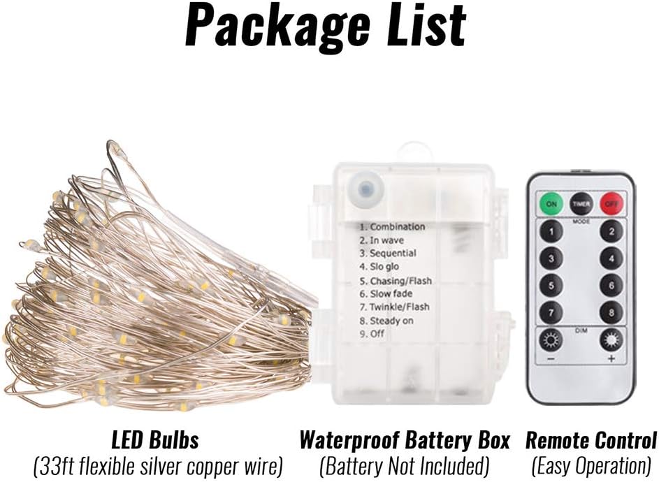 ANJAYLIA 2 Pack 33ft 100 LED Fairy Lights Battery Operated String Lights, Waterproof Copper Wire Dimmable Firefly Lights with Remote Control Timer Christmas Lights, White