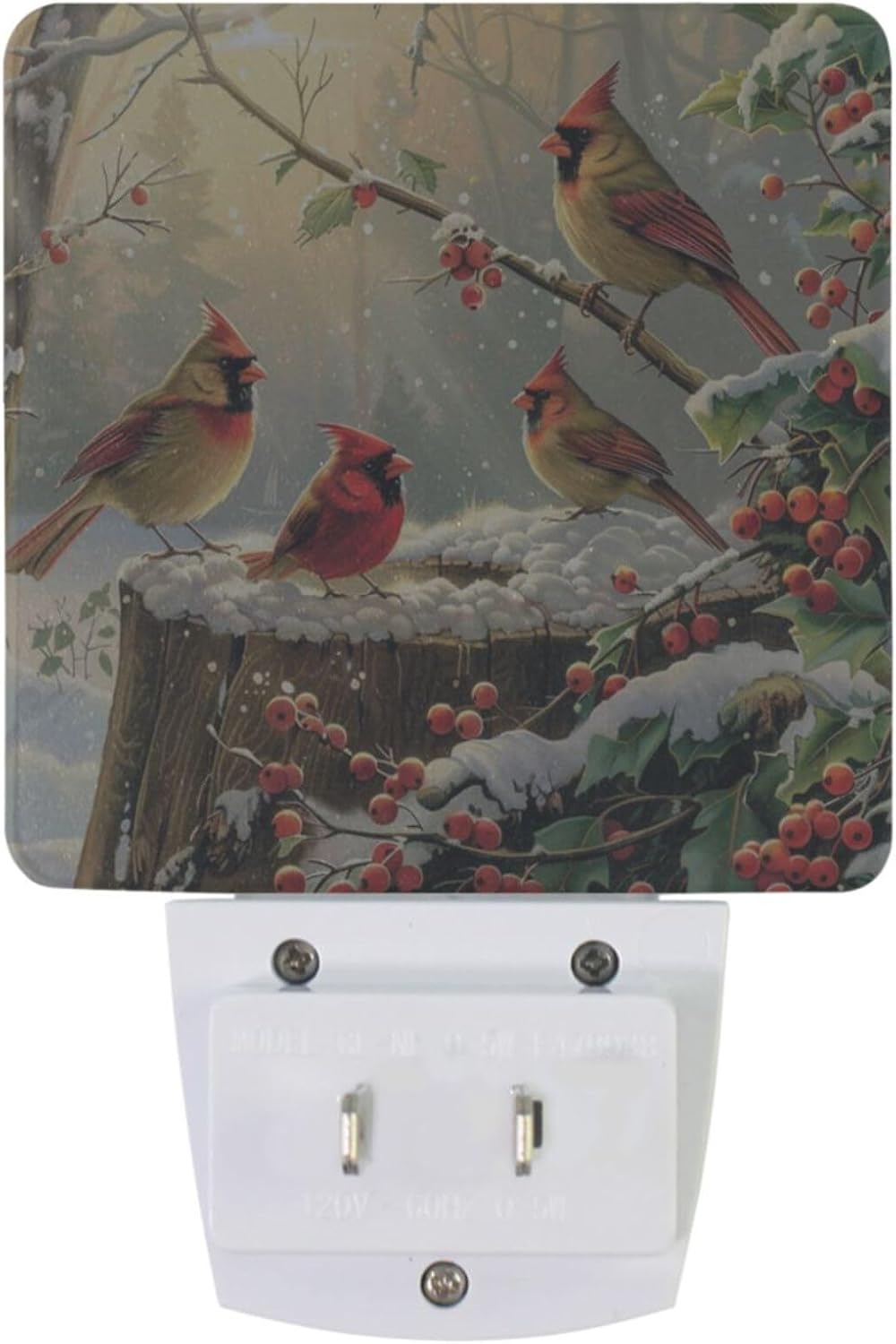 Vdsrup Winter Cardinal Birds Night Light Set of 2 Holly Berry Branches Snow Plug-in LED Nightlights Christmas Decorations Auto Dusk-to-Dawn Sensor Lamp for Bedroom Bathroom Kitchen Hallway Stairs