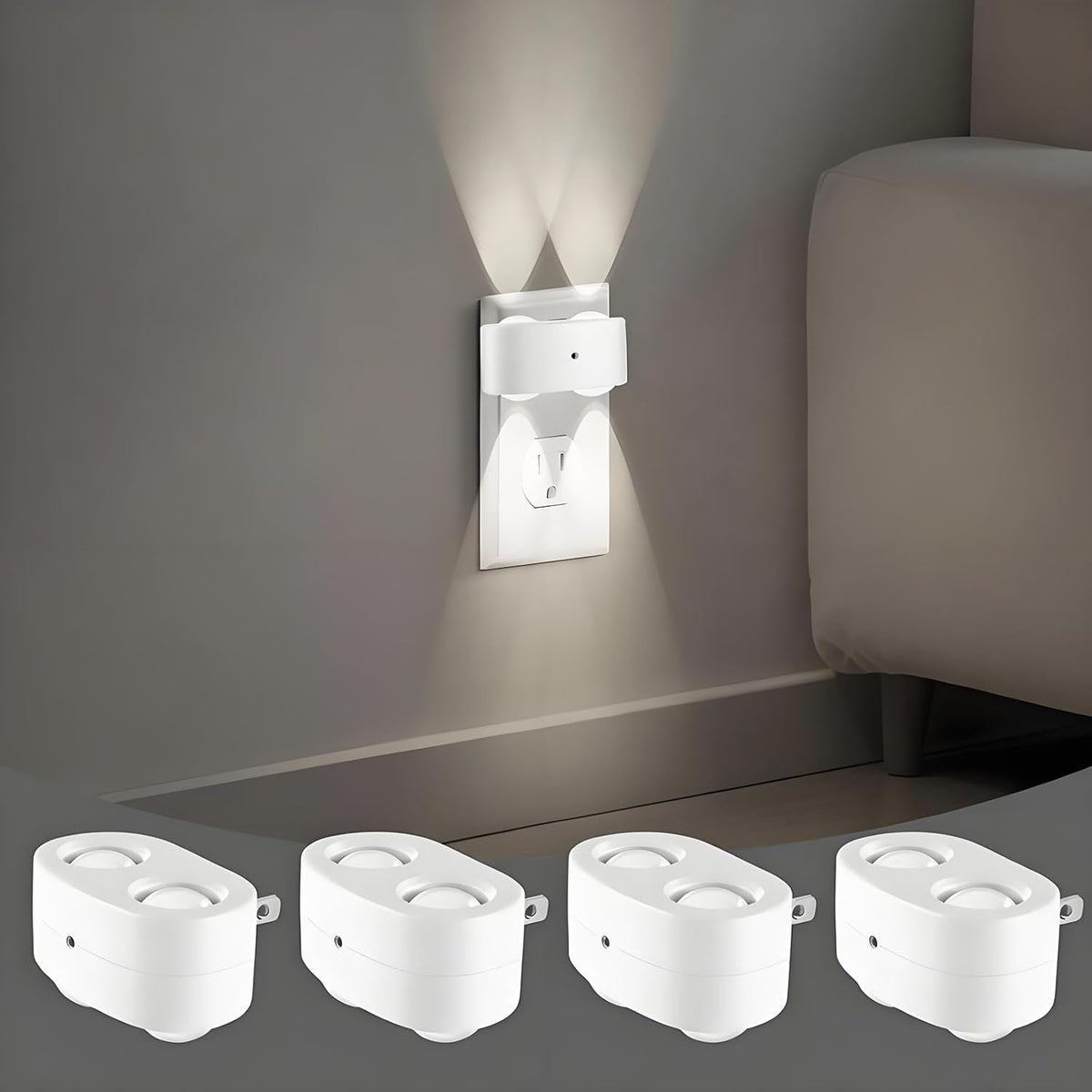 4 Pack Night Light, Plug-in Wall NightLights with Rotatable, Dusk to Dawn Sensor Auto On/Off, 5000K Daylight 100 Lumens, for Hallway Living Room Kitchen Garage Stairway
