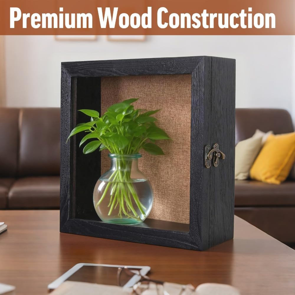 15x15 Extra Deep Large Shadow Box, 4-Inch Exterior Depth, Solid Wood, Black
