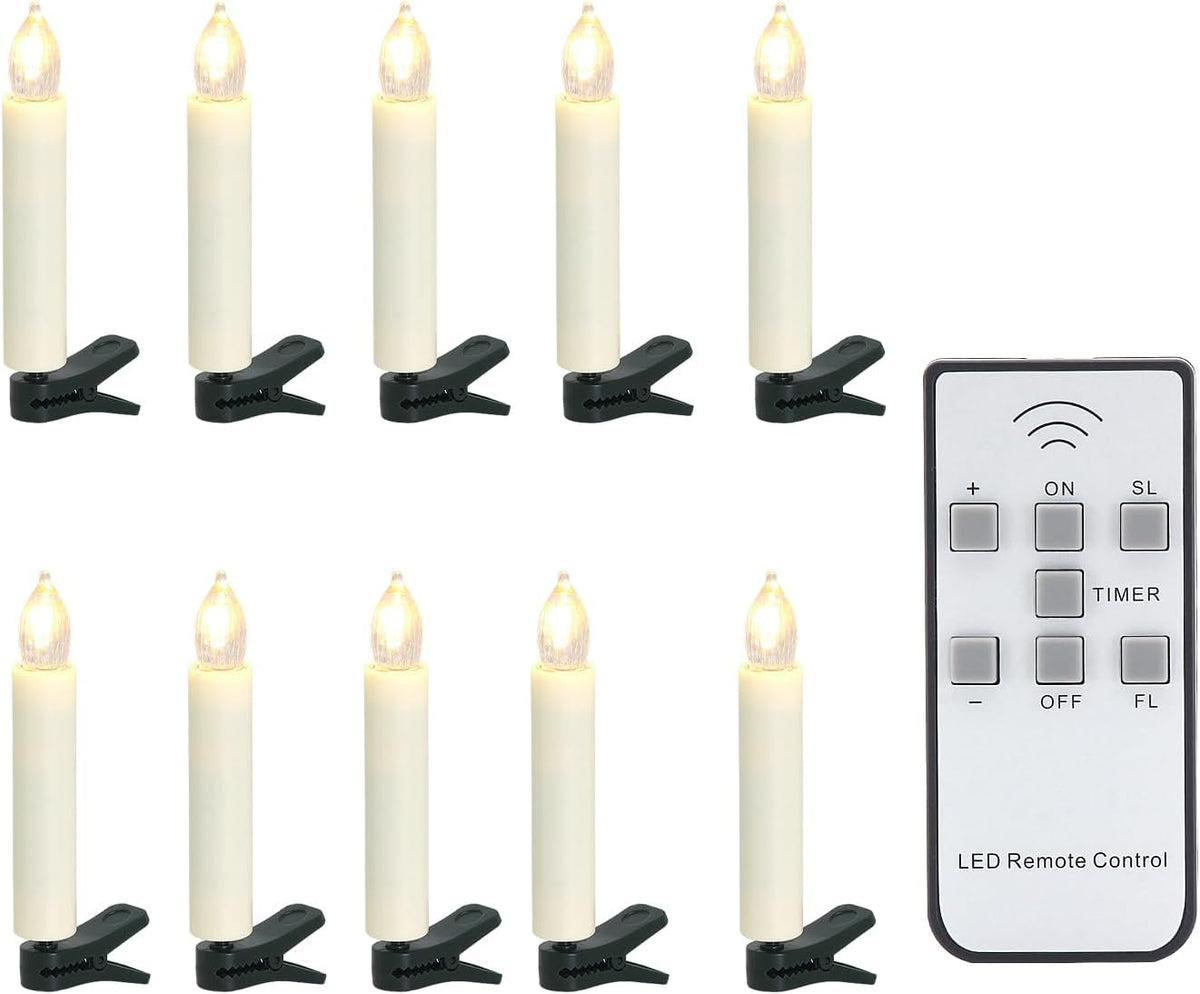10 PCS Flameless LED Taper Candles, Battery Operated Christmas Tree Candle Lights, Clip on Electric Fake Candles with Remote Timer for Christmas Holiday Home Wedding Parties Birthday Decor