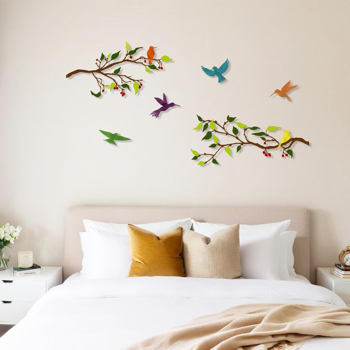Harikikochuu 4PCS Metal Birds Wall Art, Birds on the Branch Silhouette Art, Metal Leaves with Hummingbirds Outdoor Wall Art for Home Office Balcony Garden Decor (Colorful, Hummingbirds)