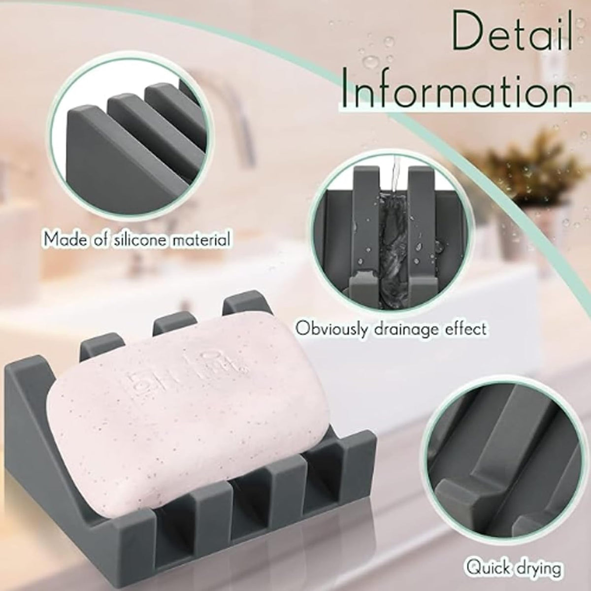 Silicone Soap Dish, Bar Soap Holder for Shower Bathroom, Kitchen, Bathtub, Self Draining Waterfall Drying Tray Keep Soap Bars Dry Clean & Easy Cleaning (Grey)