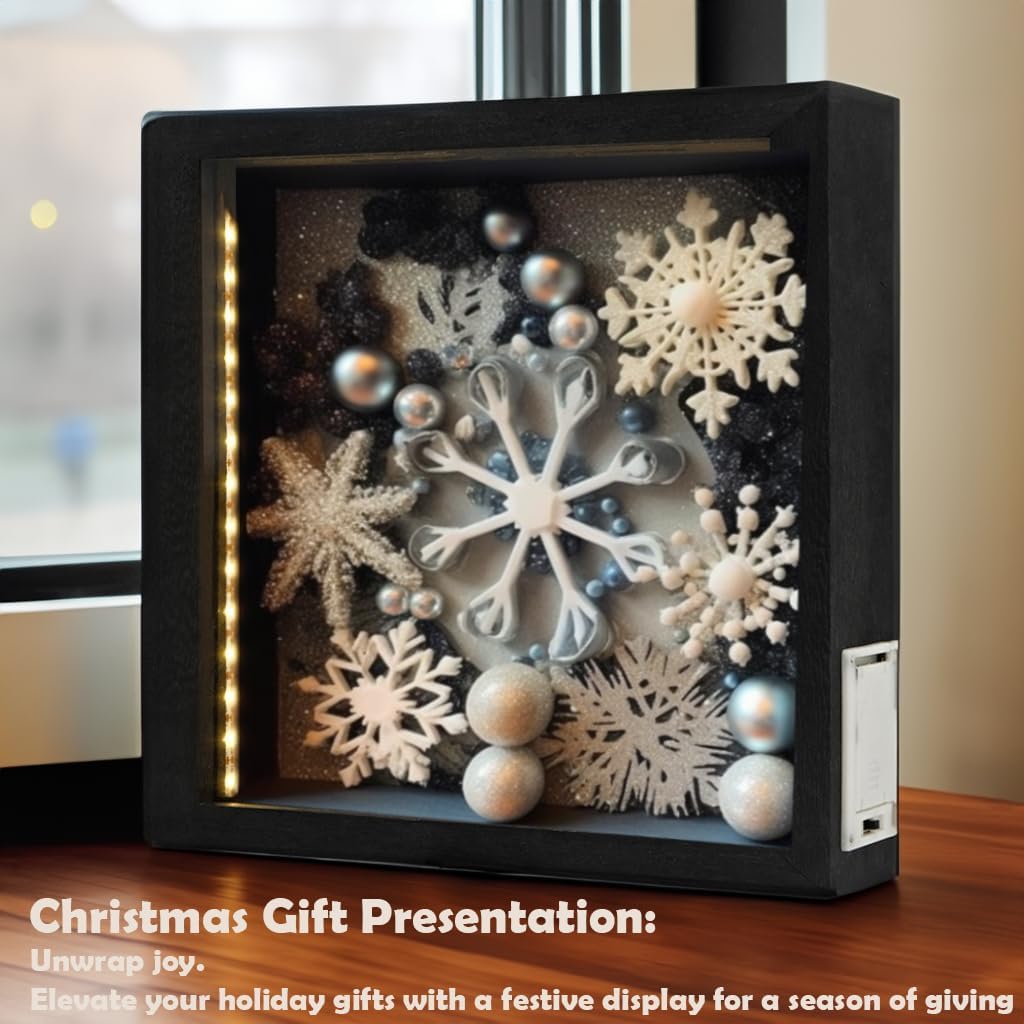 10"x10" Shadow Box Frame with Lights, Black Wood Memory Display Case with Slot for Wine Corks, Tickets, Photos, Wedding Keepsakes, DIY Crafts, Wall Decor