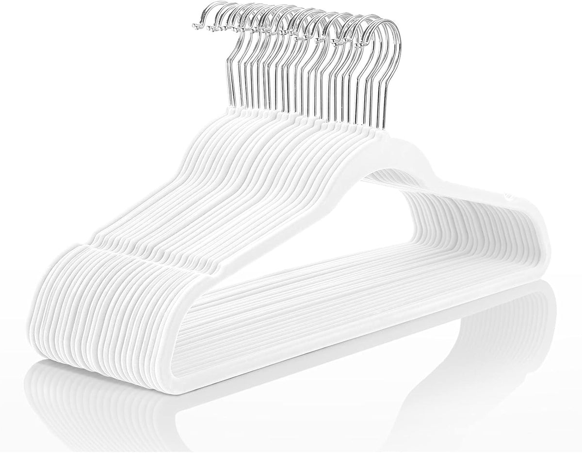 MIZGI Premium Velvet Hangers (50 Pack) - Heavyduty Non Slip Felt Suit Hangers - White Chrome Hooks, Space Saving