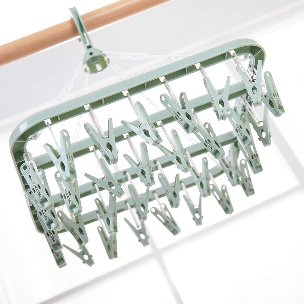 Laundry Hangers with 32 Clips,Clothespin Rack Foldable Laundry Drying Rack Drip Hanger for Drying Socks,Bras,Towel,Underwear,Hat,Scarf,Pants,Baby Clothes,Cloth Diapers,Gloves (Light Blue)