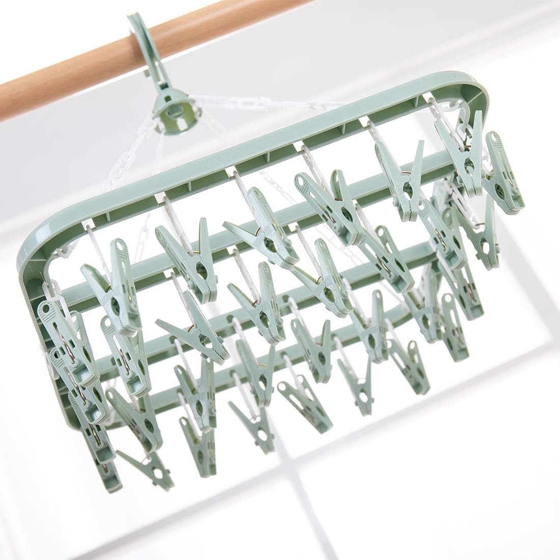 Laundry Hangers with 32 Clips,Clothespin Rack Foldable Laundry Drying Rack Drip Hanger for Drying Socks,Bras,Towel,Underwear,Hat,Scarf,Pants,Baby Clothes,Cloth Diapers,Gloves (Light Blue)