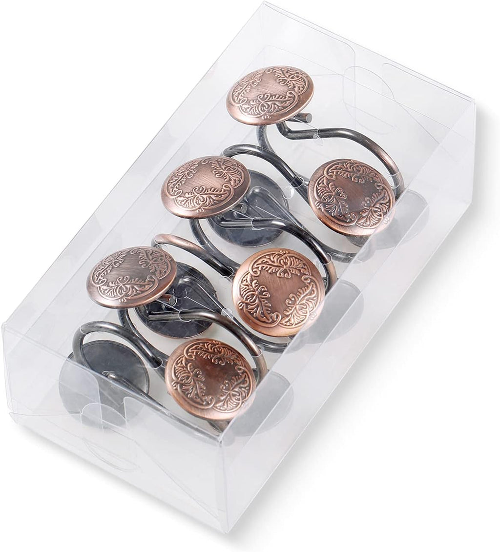 Chictie Bronze Shower Curtain Hooks Rings-Oil Rubbed Decorative Shower Curtain Hooks,Set of 12 Metal Rustproof Shower Hangers Rings for Bathroom Curtains Rods Vintage Brown Pattern Design