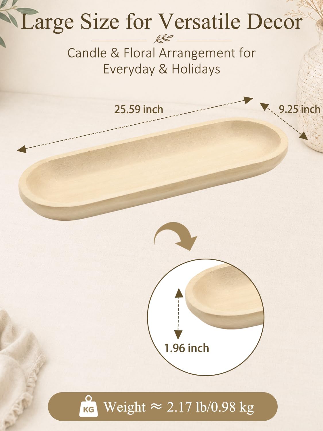 25.5'' Wooden Dough Bowls for Decor, Wood Long Decorative Bowl, White