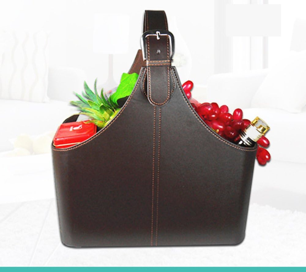 Leather Gift Basket,Magazine Newspaper Holder/Racks,Storage Organizer for Wine Flowers Fruits Candys,for holiday presents Christmas display (Coffee)
