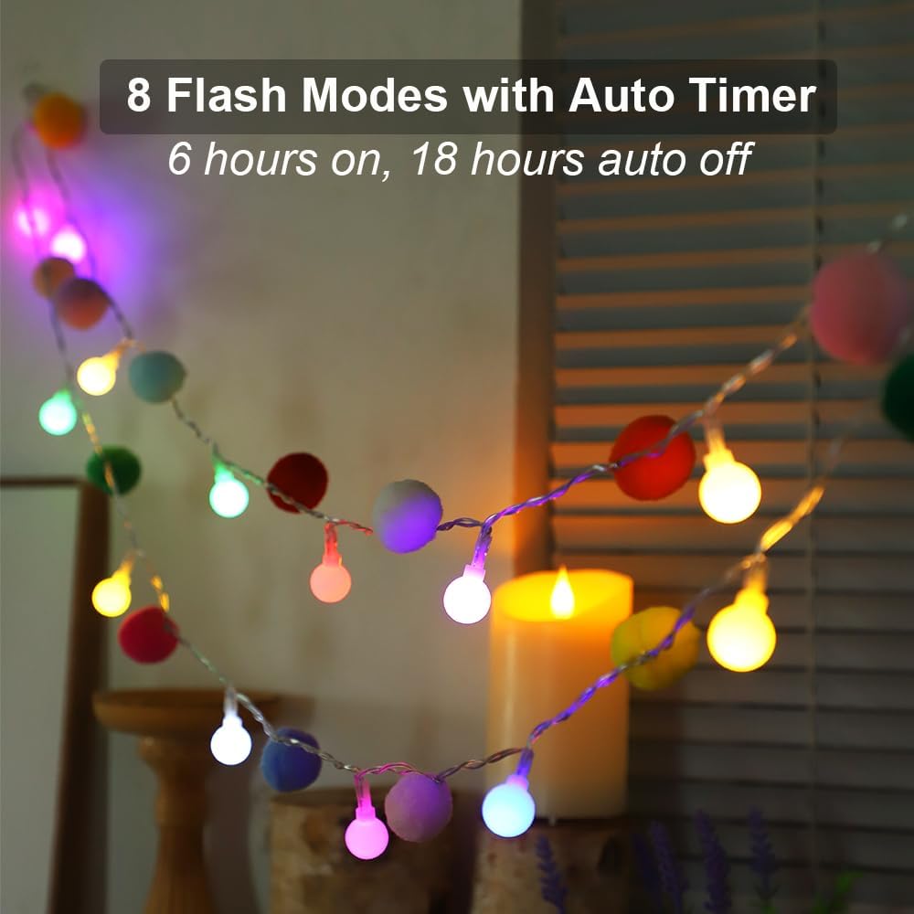 ChiRee 9.85FT String Lights with 20 Cute Pompoms 20 Colorful Ball LED Indoor String Lights Battery Operated with Timer for Home Bedroom Kids Playhouse Birthday Wedding Party Holiday Christmas