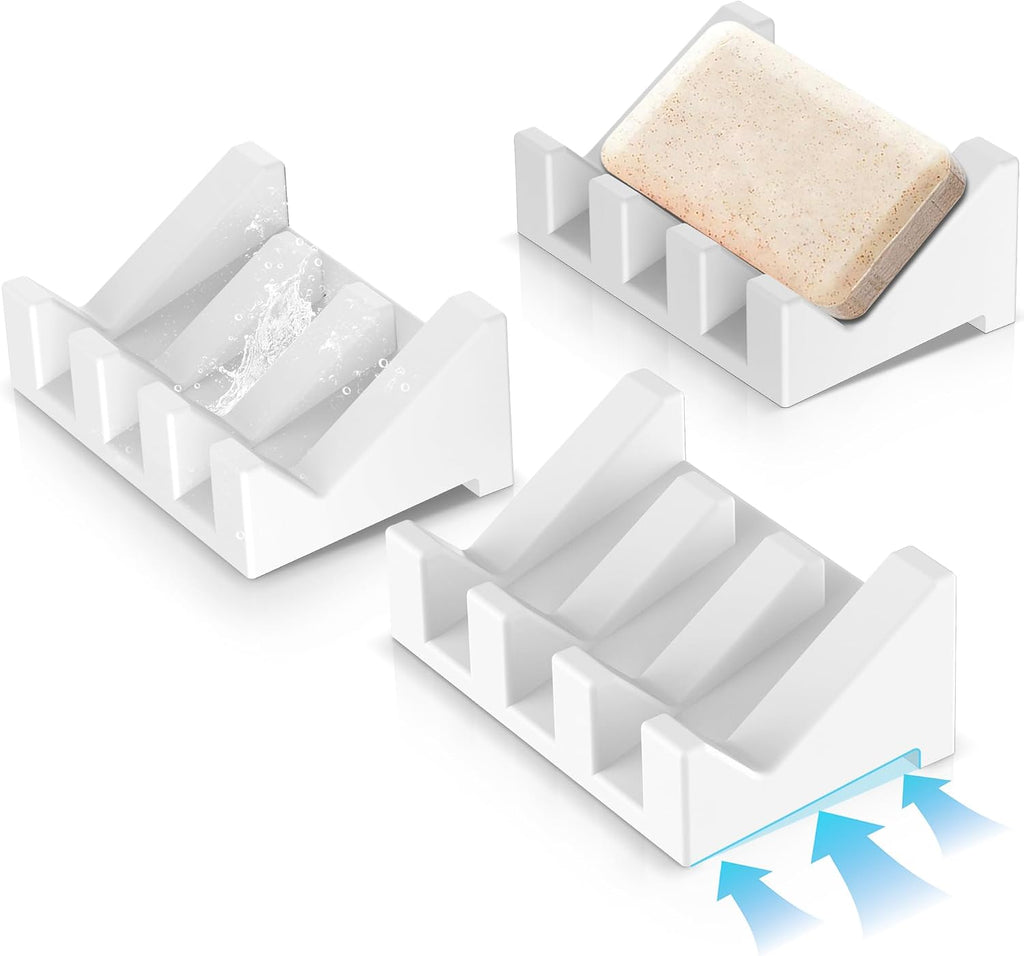 Silicone Soap Dish,3PCS Self Draining Bar Soap Holder for Shower,White