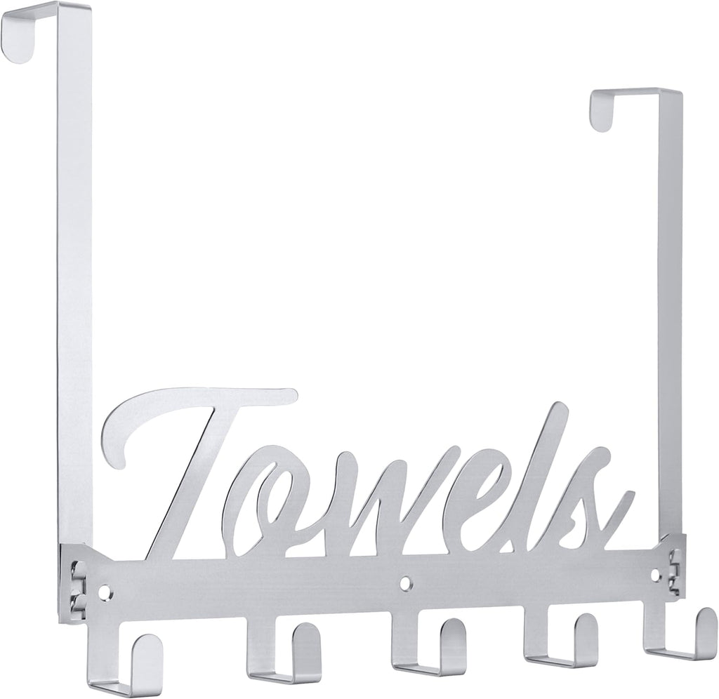Azmoncy Over The Door Hooks, Towel Hook Towel Holder Over Door Towel Hanger Door Hanger with 5 Coat Hooks Towel Rack for Bathroom Bedroom Kitchen, Chrome