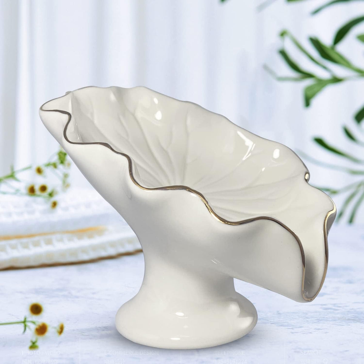 Bathroom Soap Dishes White, Lotus Leaf Soap Holder,Ceramic Soap Dish for Counter Top,Self Draining Soap Holder (White)