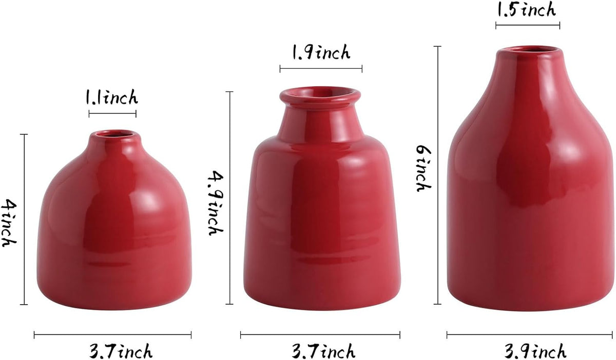 hjn Red Small Vase Set of 3 for Modern Home Decor,Ceramic Vases for Centerpieces Flower Vases for Living Room Wedding/Dinner Table/Party -Red