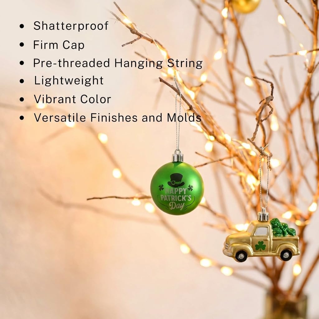 DecorbyHannah St Patricks Day Decorations Shamrock Irish Tree Ornaments Set, 21ct Large Green Gold St. Patrick's Day Shatterproof Good Luck Clover Hanging Ball Ornaments for Christmas Party Spring